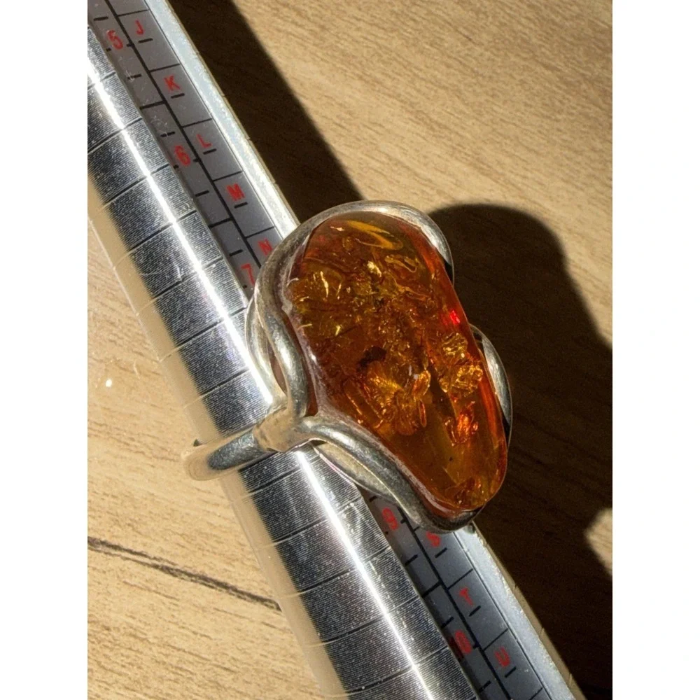 Vintage Modernist Irregular Shape Sterling Silver‎ Honey Amber Ring Size 8